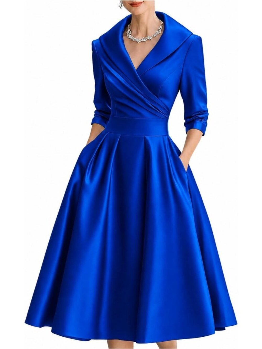 Women's Blue Wrap Long Sleeve V-Neck Silky Casual Elegant Midi Church Dress
